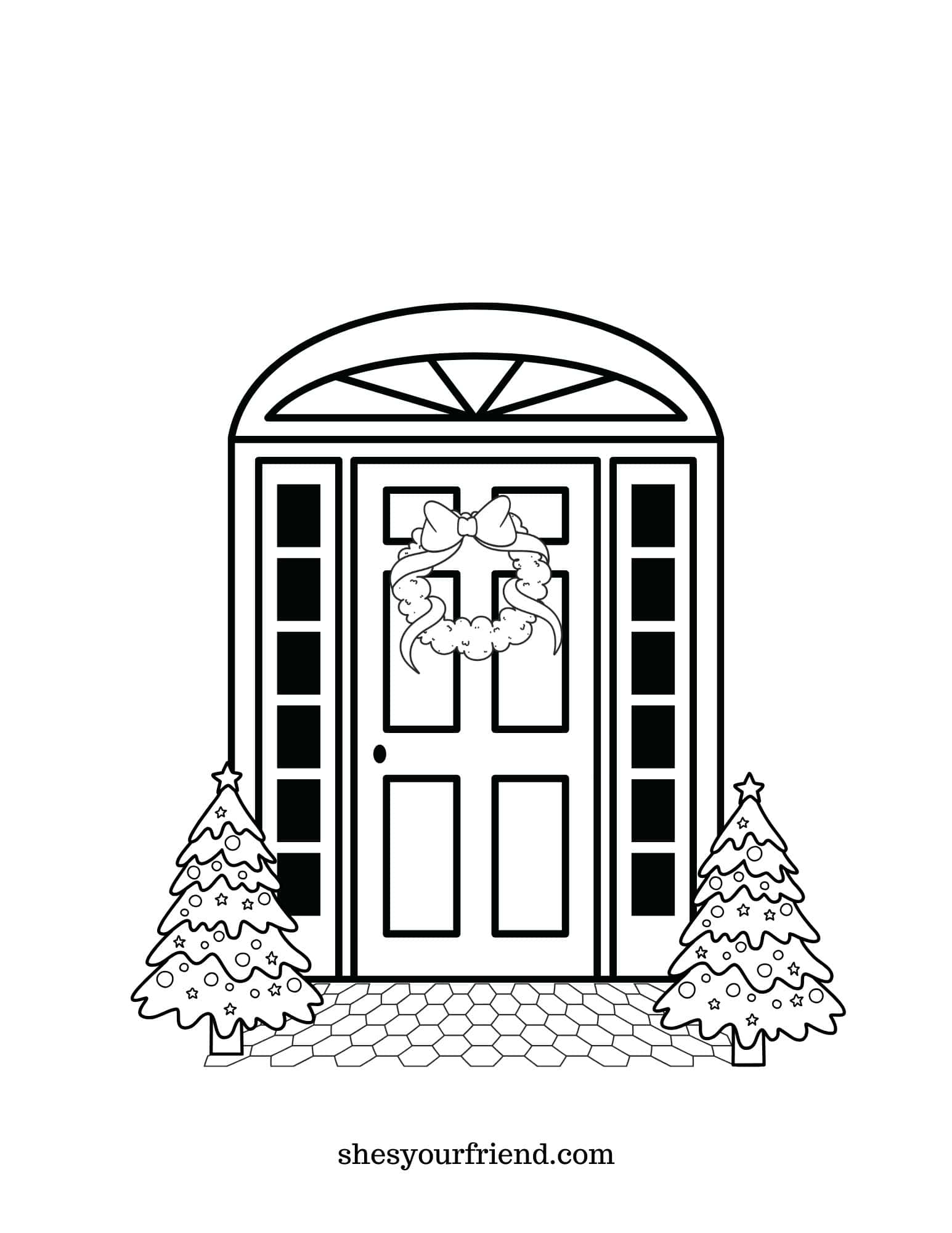 a coloring page with a door and a wreath with two christmas trees beside it