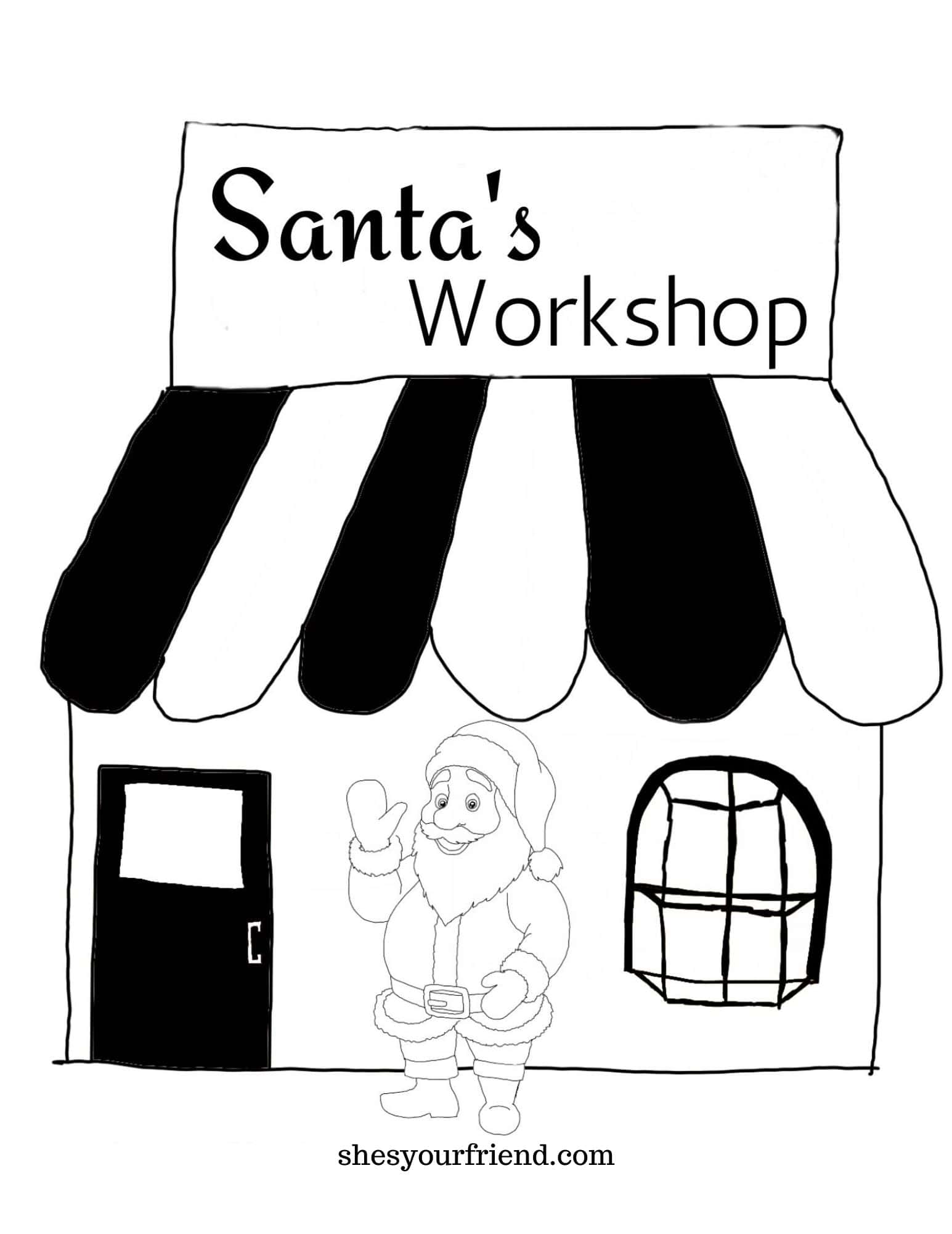 a coloring page with santa in front of his workshop