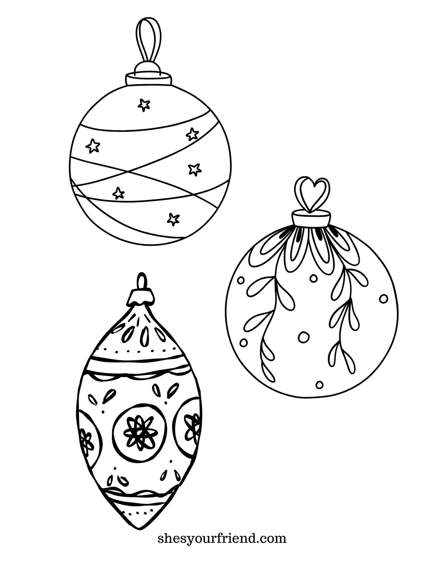 a coloring page with three christmas ornaments