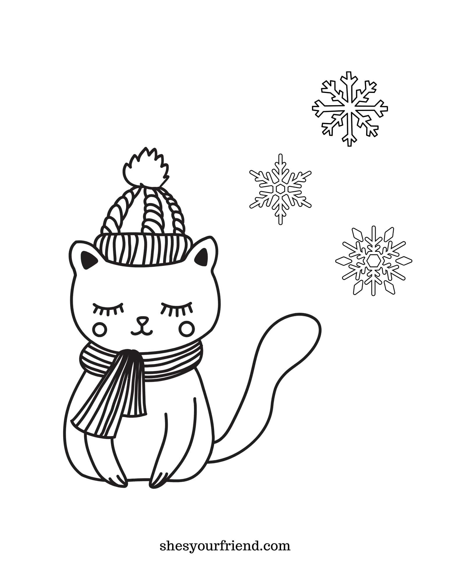 a coloring page with a kitten wearing a hat and scarf and snowflakes nearby