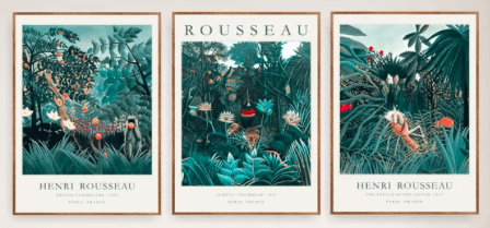 three poster prints of a tropical jungle