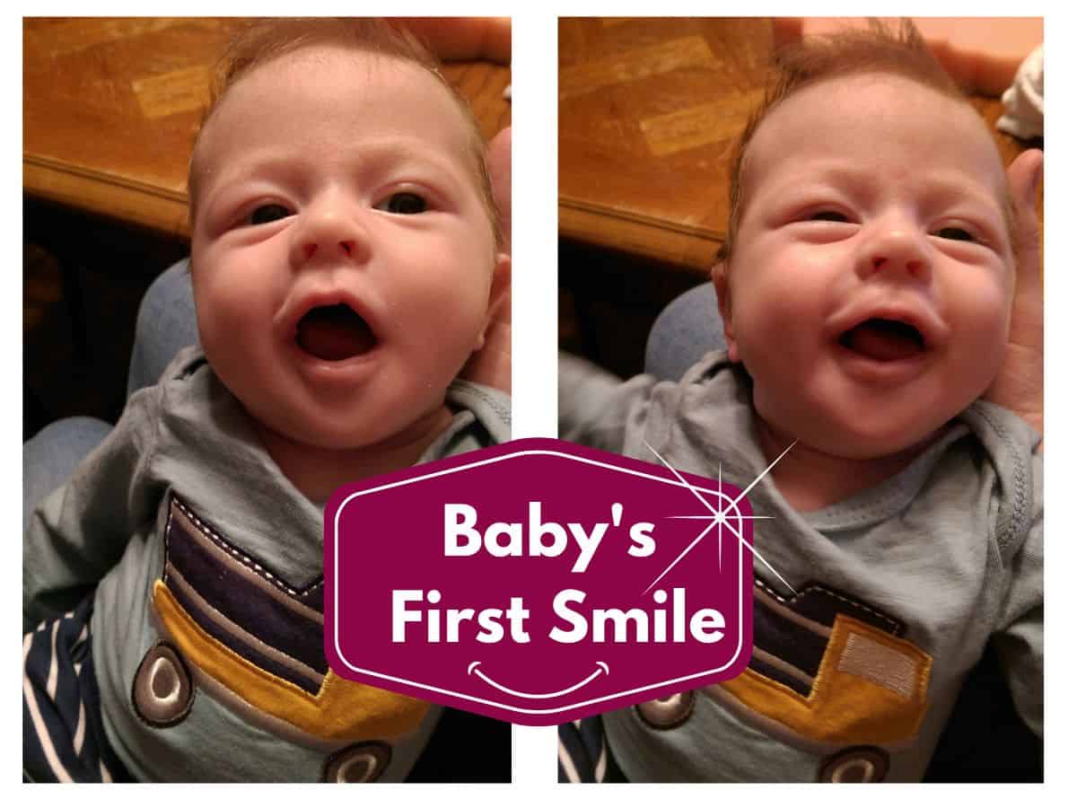 collage of a baby smiling and text overlay that reads babys first smile