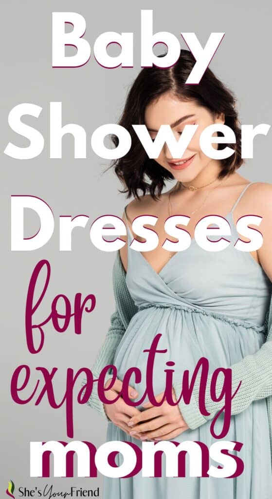 a pregnant woman with text overlay that reads baby shower dresses for expecting moms