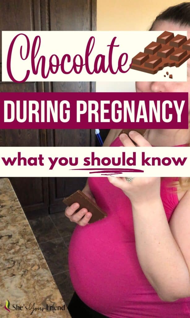 a pregnant woman eating chocolate with text overlay that reads chocolate during pregnancy what you should know