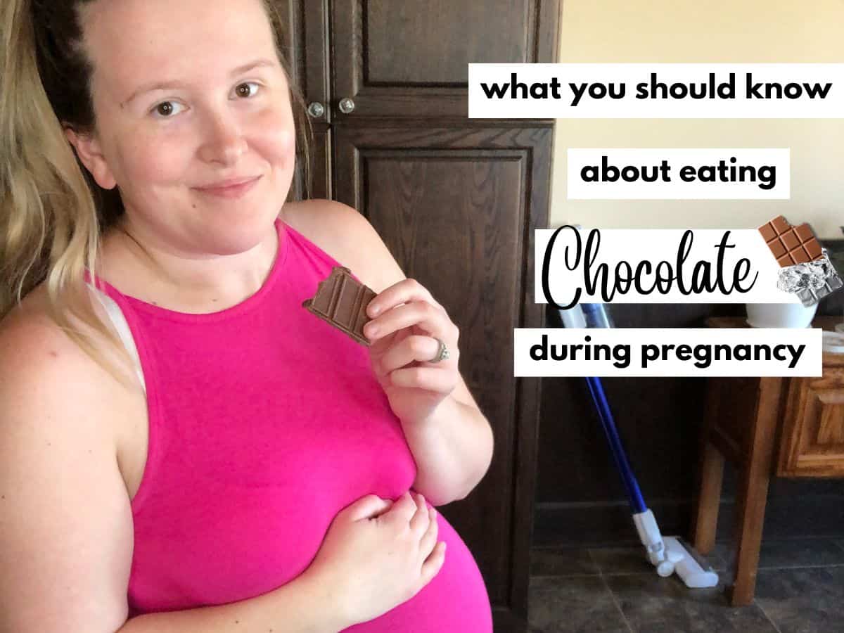 a pregnant woman eating chocolate and text overlay that reads what you should know about eating chocolate during pregnancy