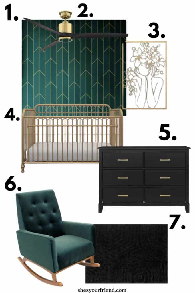 collage of green nursery items and furniture including wallpaper, ceiling fan, wall art, crib dresser rocker and an area rug
