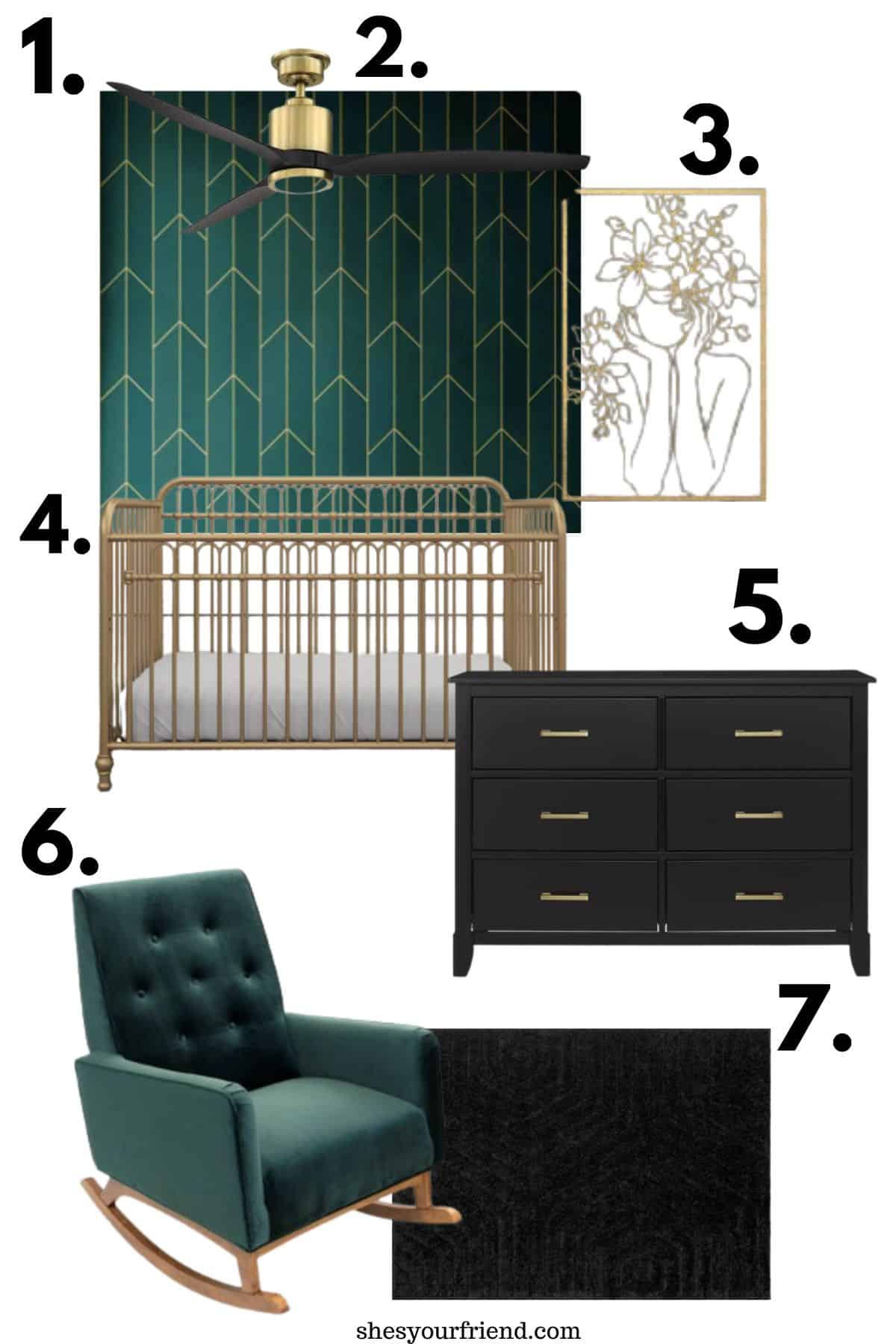 collage of green nursery items and furniture including wallpaper, ceiling fan, wall art, crib dresser rocker and an area rug.