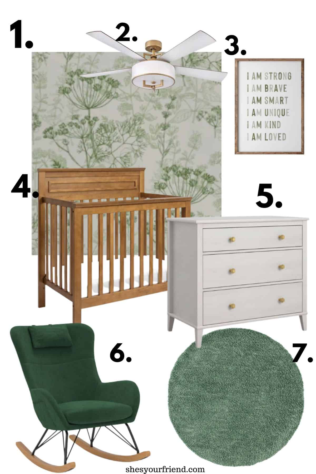 collage of green nursery ideas including wallpaper ceiling fan light wall art crib dresser rocker and area rug.