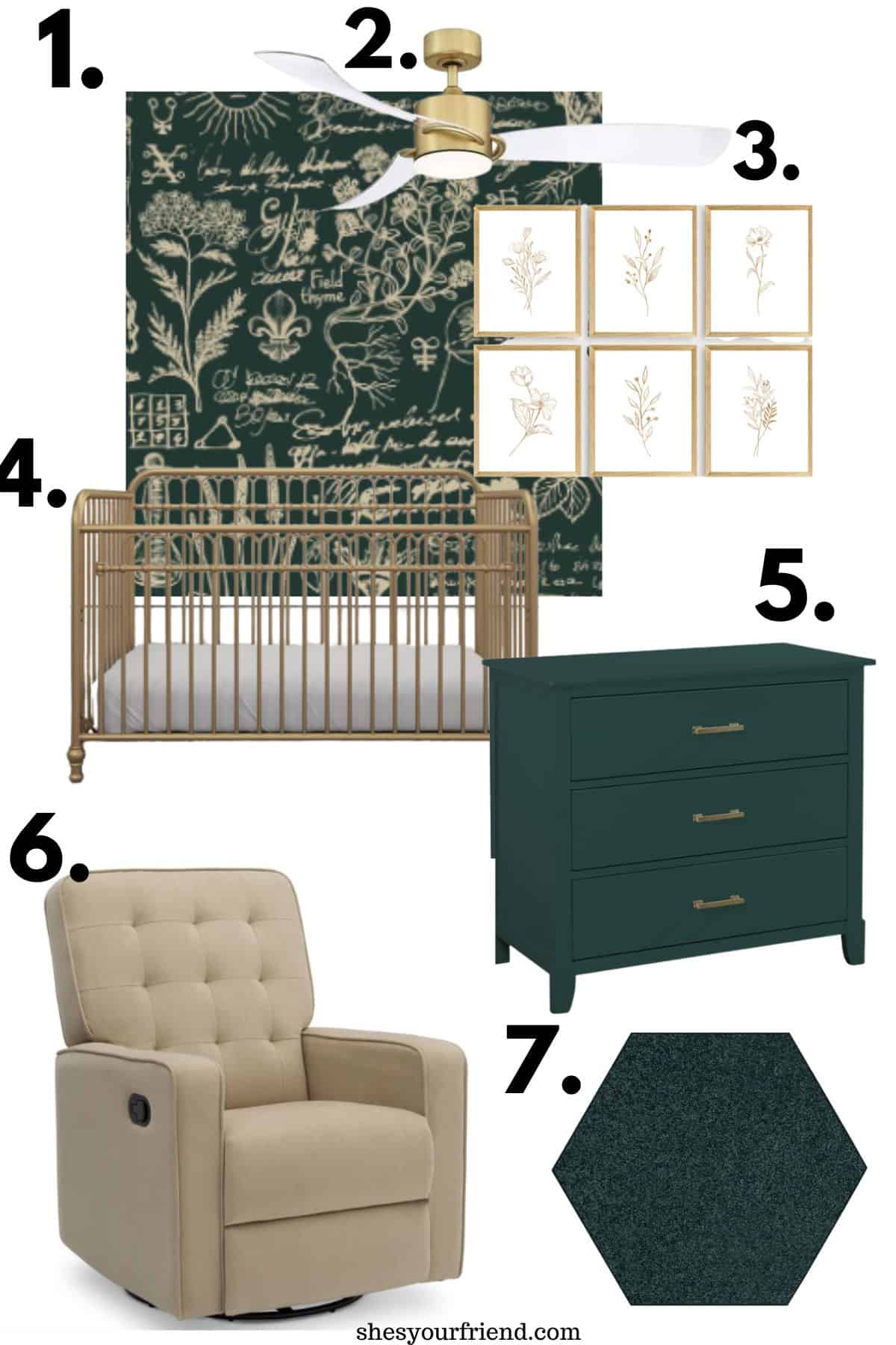 green and gold wall paper ceiling fan light wall art crib dresser glider and rug for a nursery.