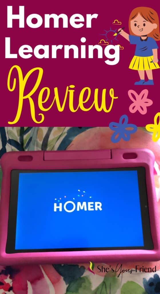 a pink kids tablet with a homer learning game and text overlay that reads homer learning review