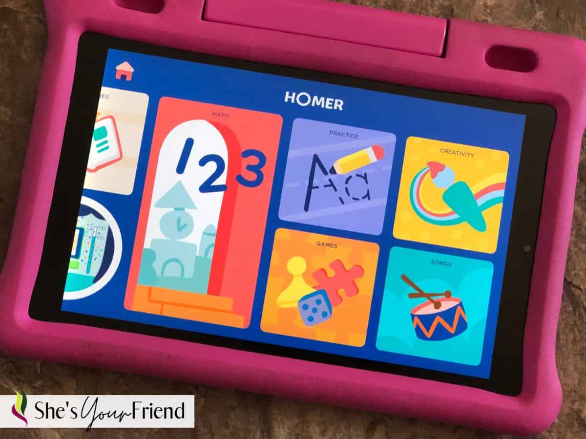 a pink kids tablet playing homer learning