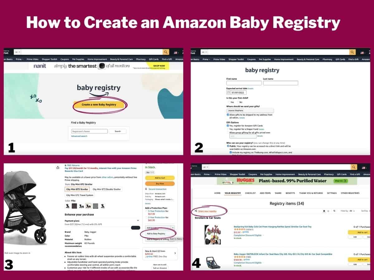 an infographic showing how to create a baby registry at Amazon