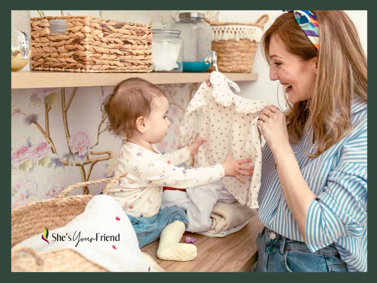 a mom with her baby in the laundry room