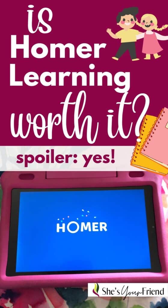 a pink kids tablet with a homer learning game and text overlay that reads is homer learning worth it spoiler yes