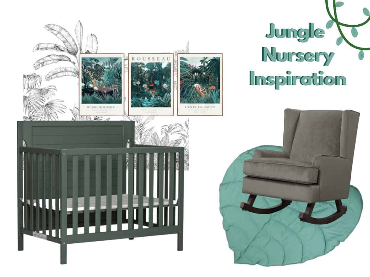 collage of different items for a jungle nursery including a crib glider rug wall paper and wall art and text overlay that reads jungle nursery inspiration