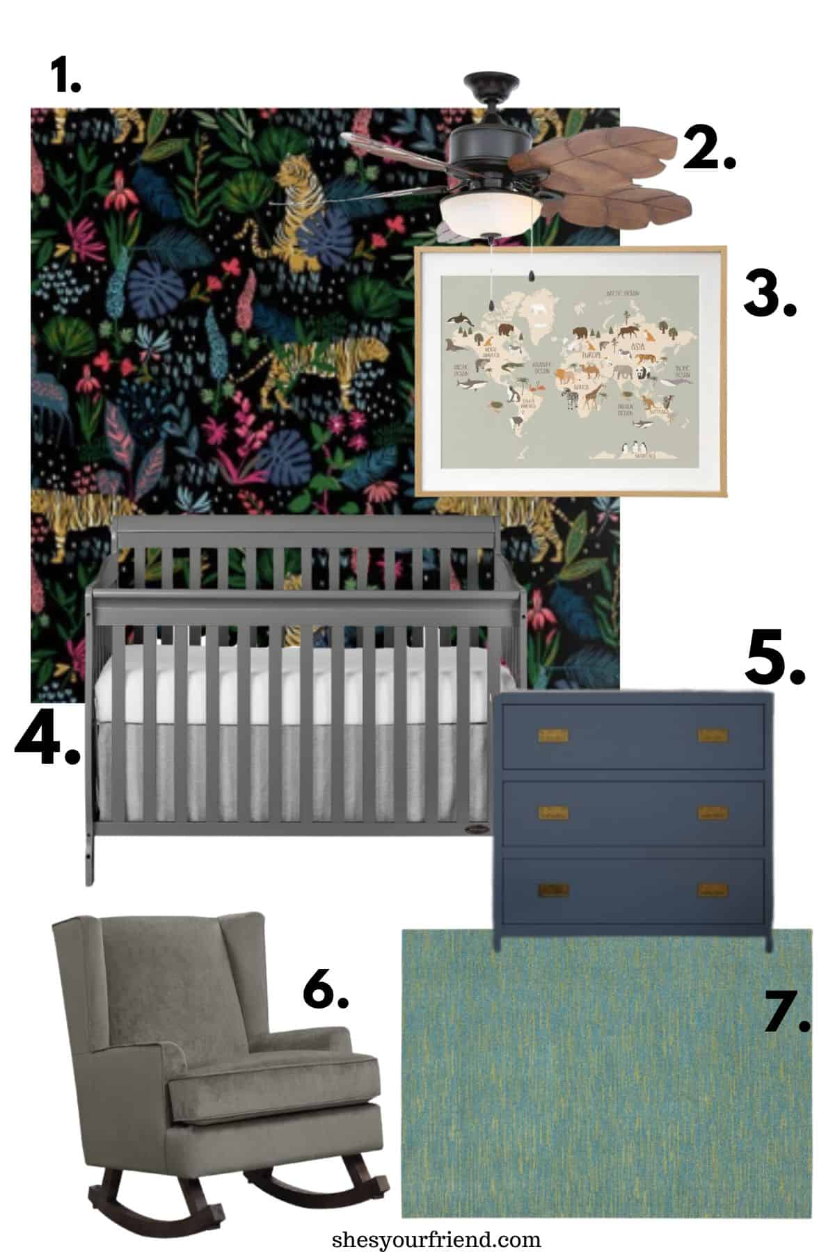 moody tropical jungle room with wallpaper ceiling fan wall art crib dresser rocker and an area rug