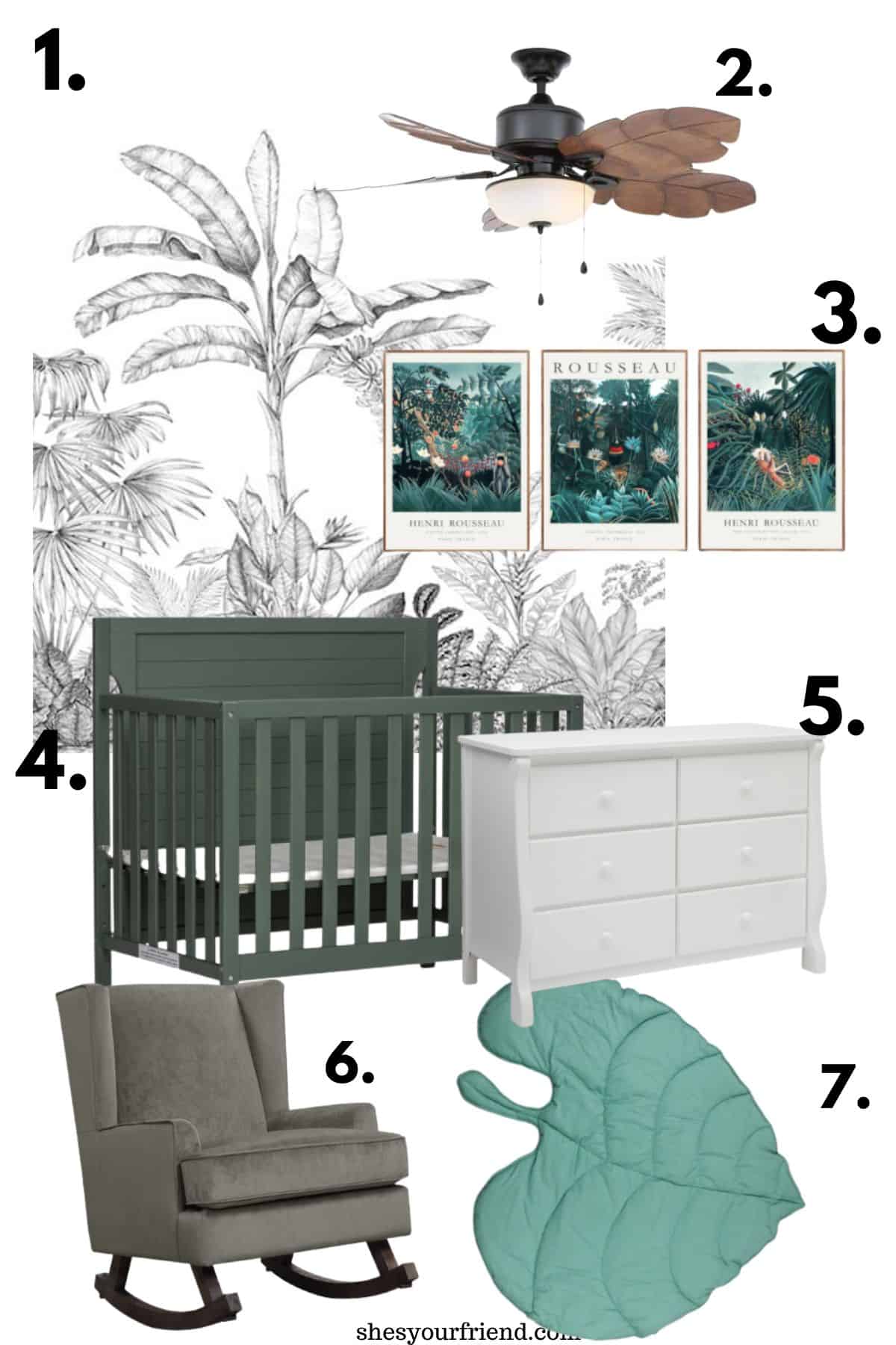 pop of color jungle nursery room with wall paper ceiling fan wall art crib dresser glider and a fun rug
