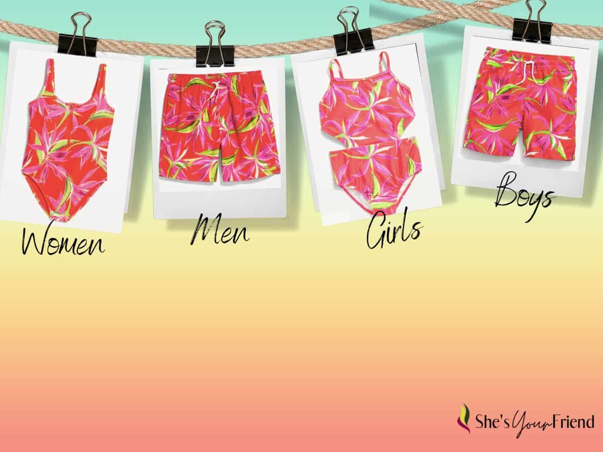 collage of four matching family red swimsuits with text overlay that reads women men girls boys
