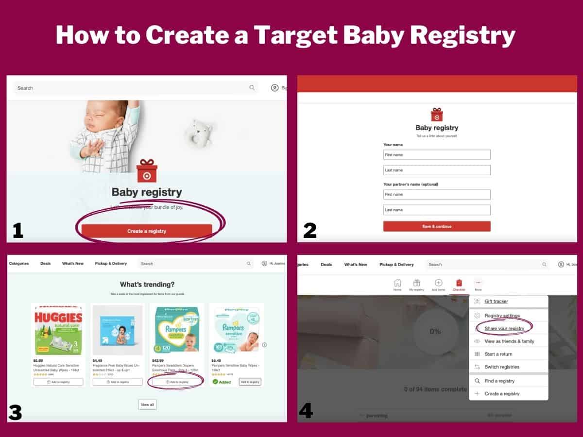 collage of images showing how to create a baby registry at Target online