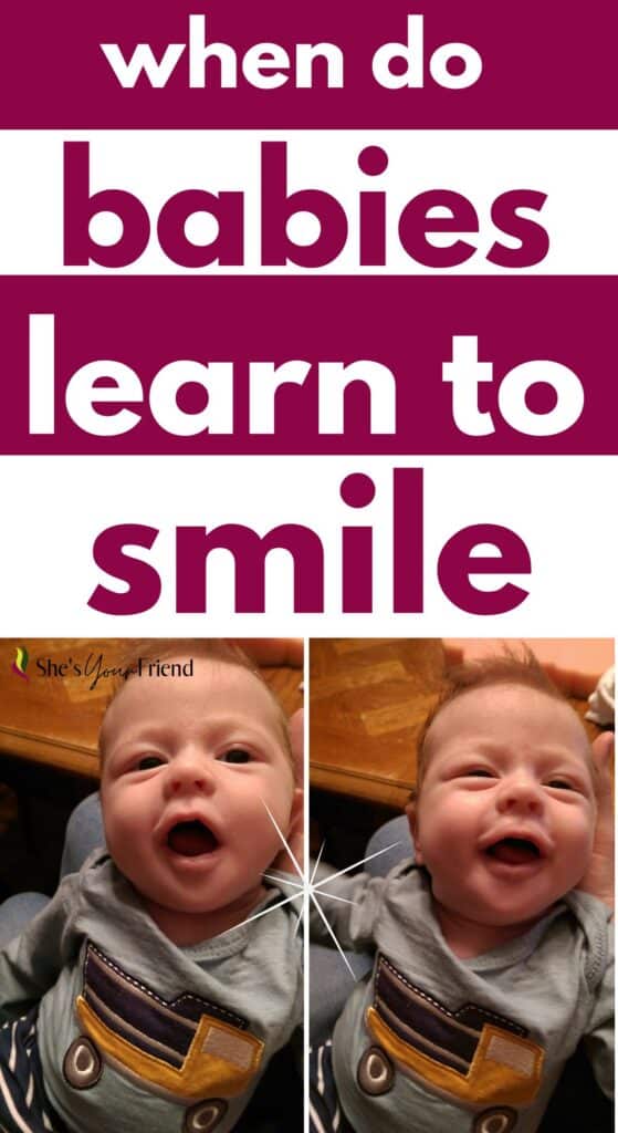 collage of a baby smiling with text overlay that reads when do babies learn to smile