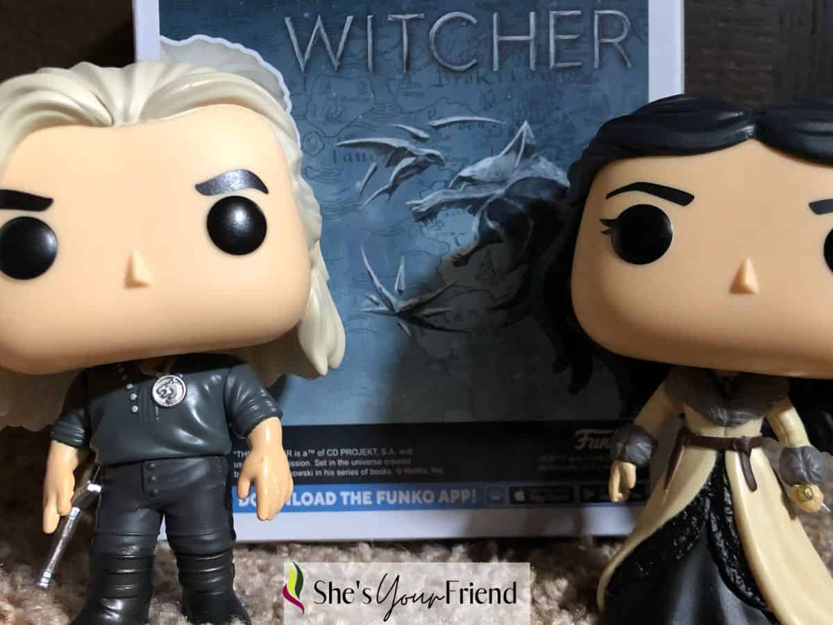 Geralt and Yennefer funko pop characters from the witcher