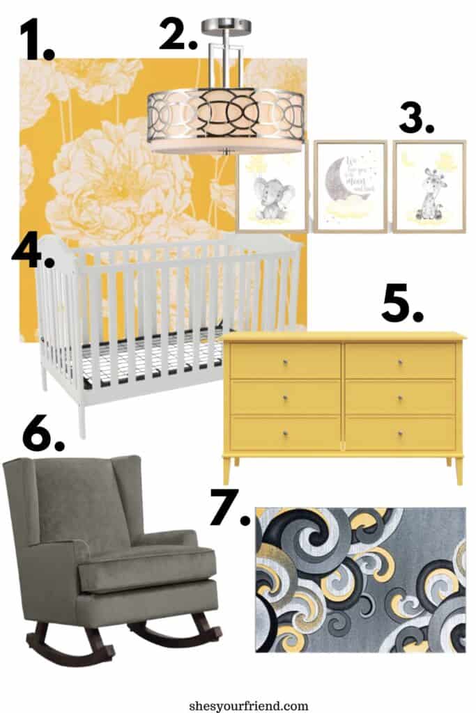 yellow nursery room with wall paper ceiling light wall art crib dresser rocker and rug