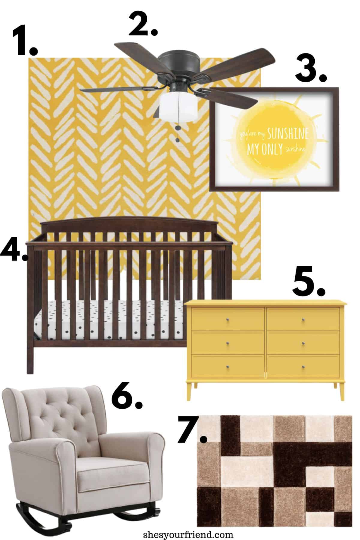 collage of yellow wallpaper ceiling light fan wall art crib recliner dresser and an area rug