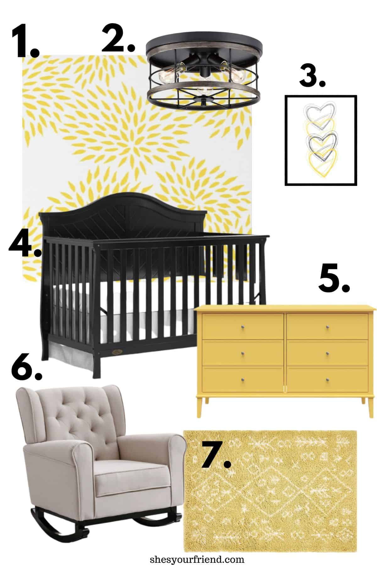 collage of wallpaper ceiling light yellow dresser baby crib wall art recliner and a yellow area rug