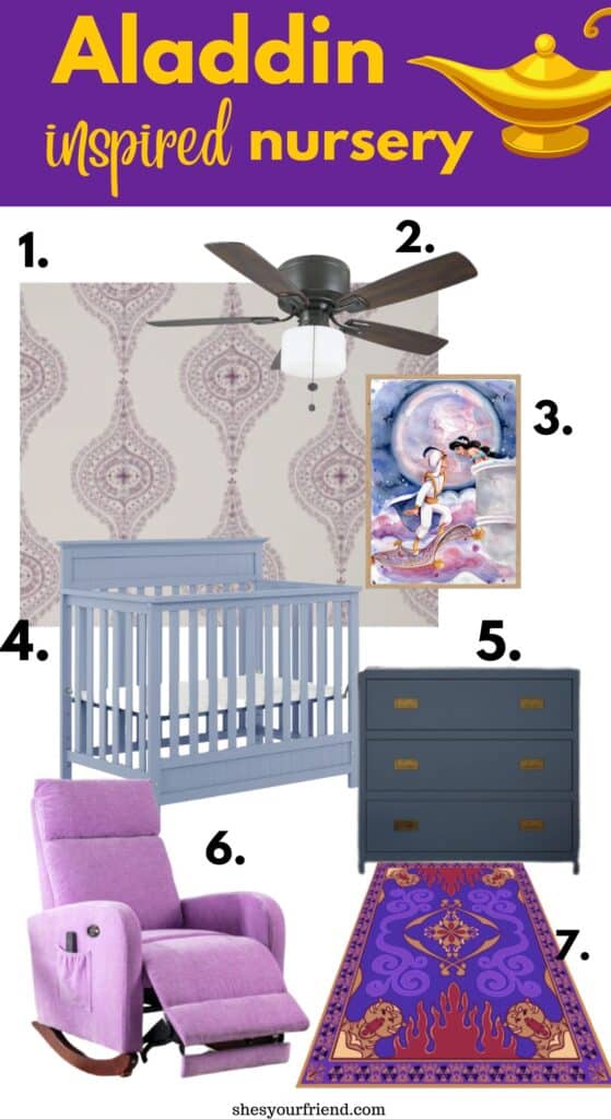 baby nursery collage of wallpaper ceiling fan wall art crib dresser rocker and area rug with text overlay that reads Aladdin inspired nursery