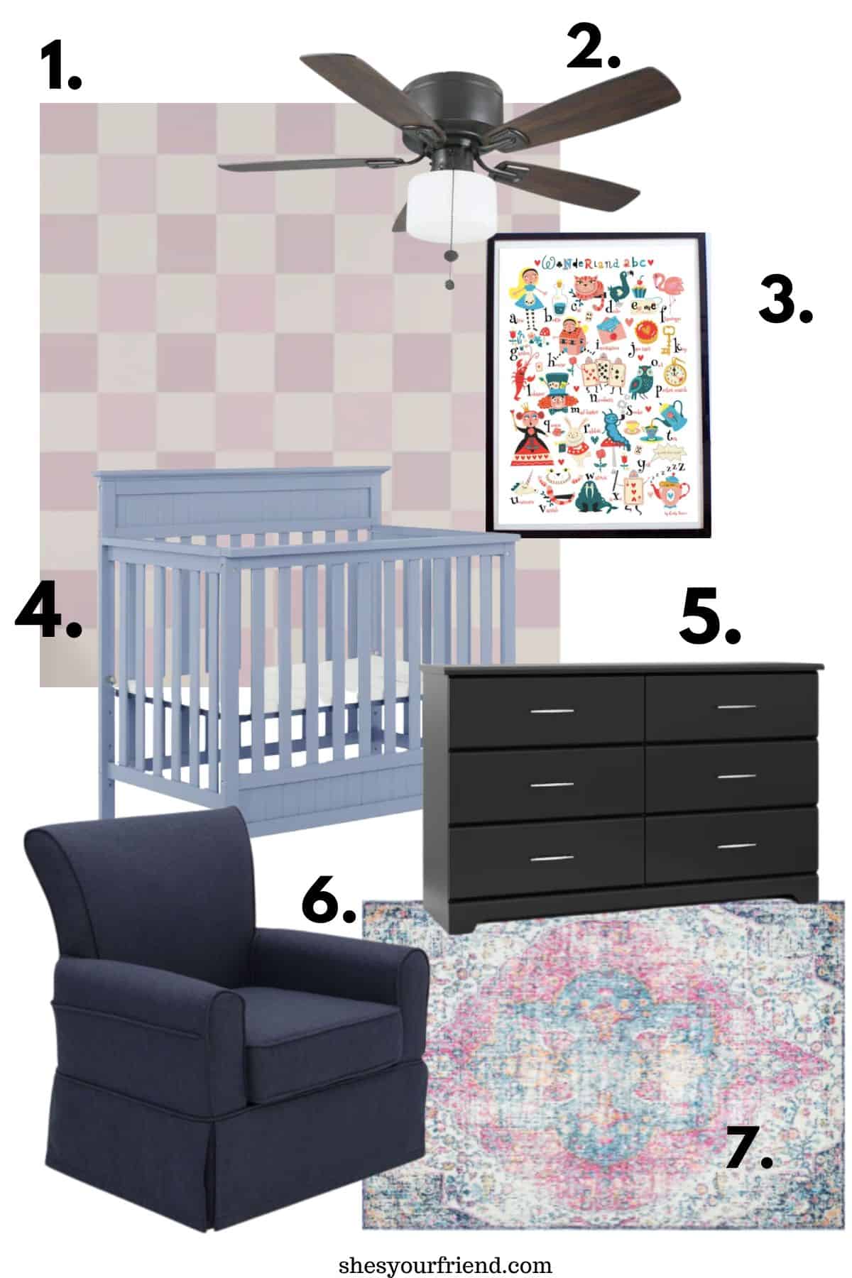 baby nursery collage of wallpaper ceiling fan wall art crib dresser glider and an area rug