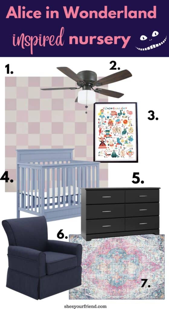 baby nursery collage of wallpaper ceiling fan wall art crib dresser rocker and area rug with text overlay that reads alice in wonderland inspired nursery
