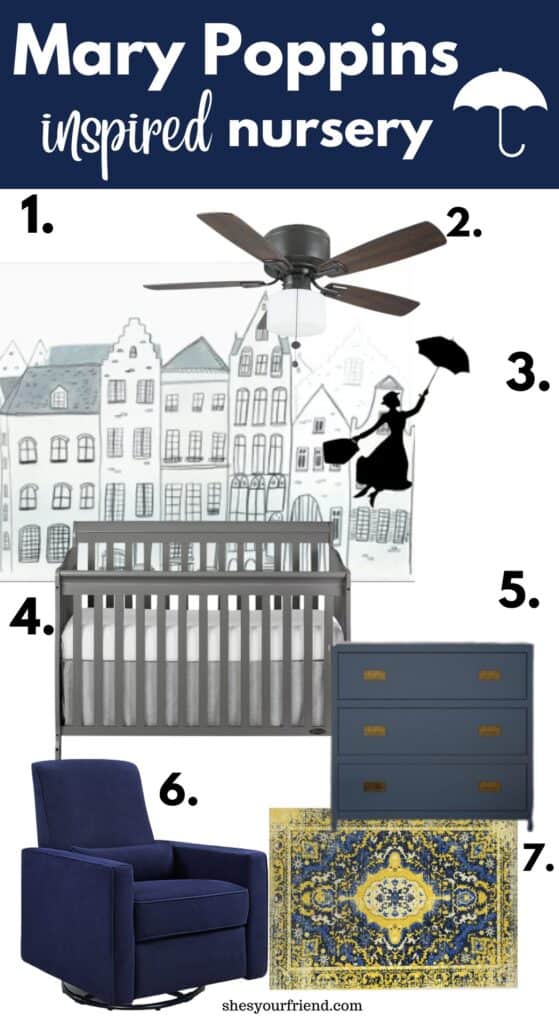 a collage of wallpaper ceiling fan crib dresser glider rug and wall art with text overlay that reads mary poppins inspired nursery