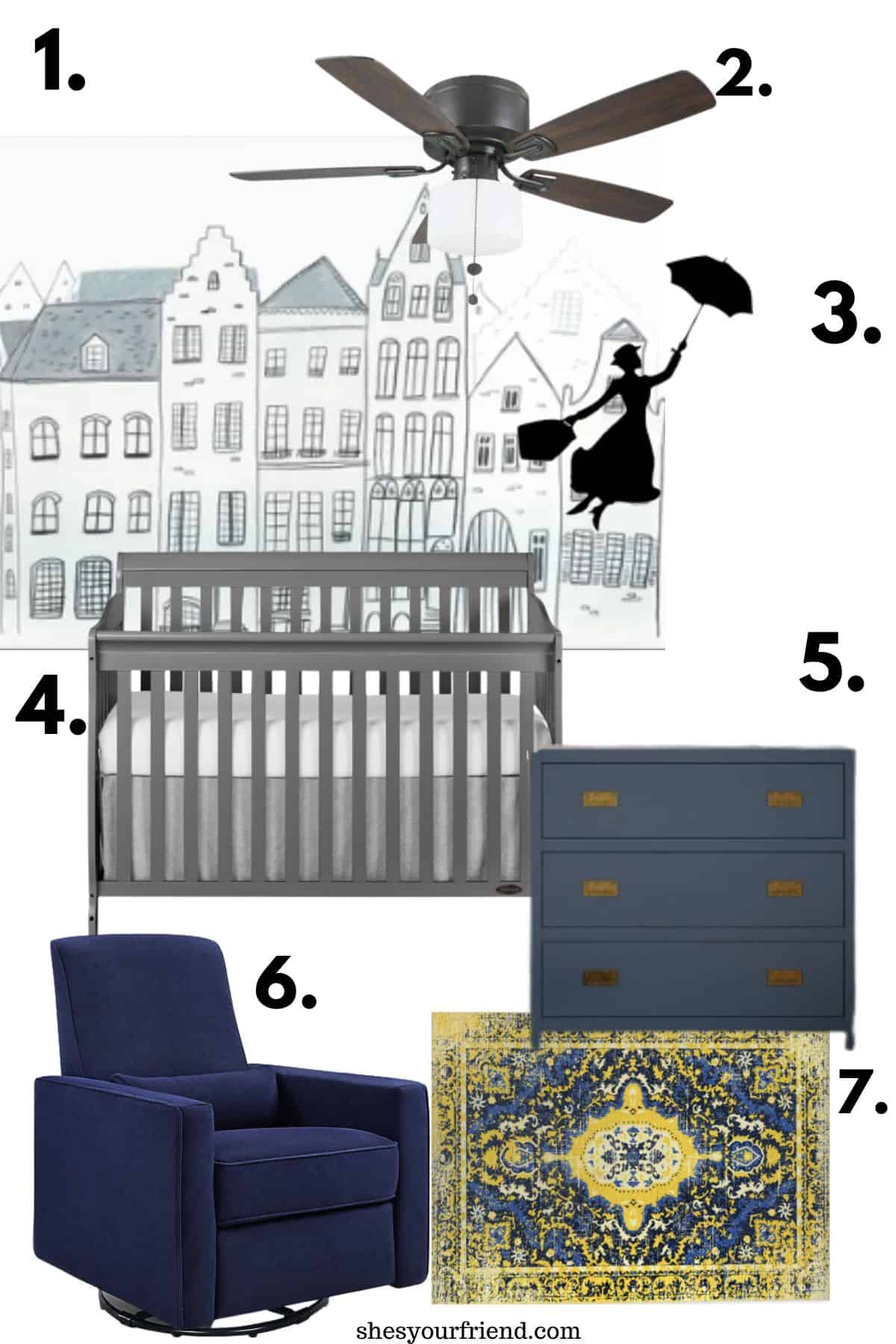 collage of different nursery decor crib wallpaper and furniture