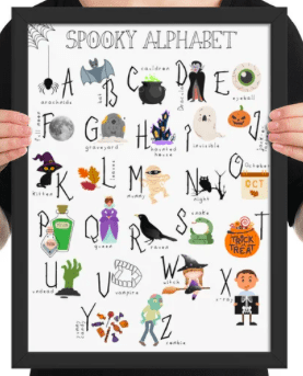 a framed Halloween alphabet poster