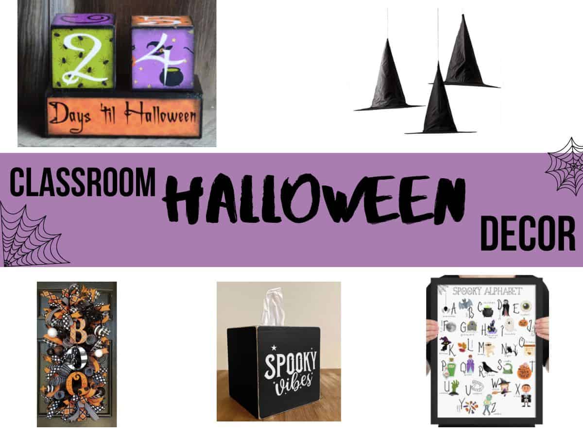 Halloween countdown blocks witch hats wreath kleenex cover and an alphabet sign with text overlay that reads classroom halloween decor