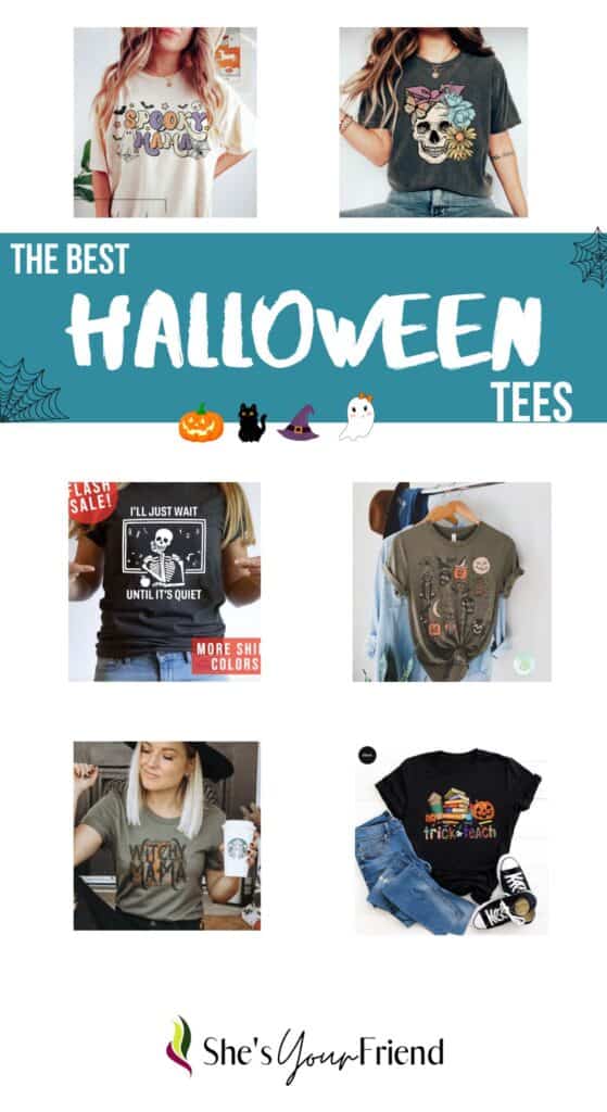 collage of six different halloween shirts and text overlay that reads the best Halloween tees