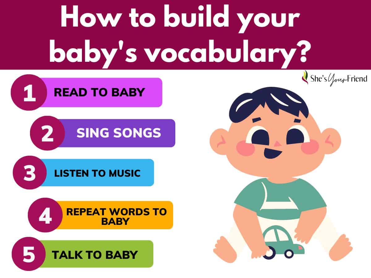 an infographic showing 5 ways to build baby's vocabulary.