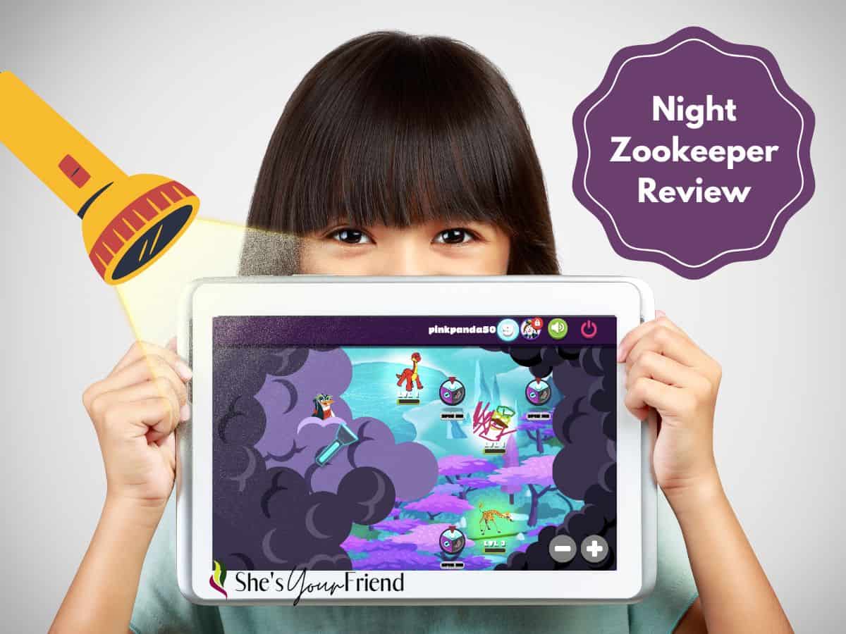 a girl holding a tablet with a learning game and text overlay that reads night zookeeper review 