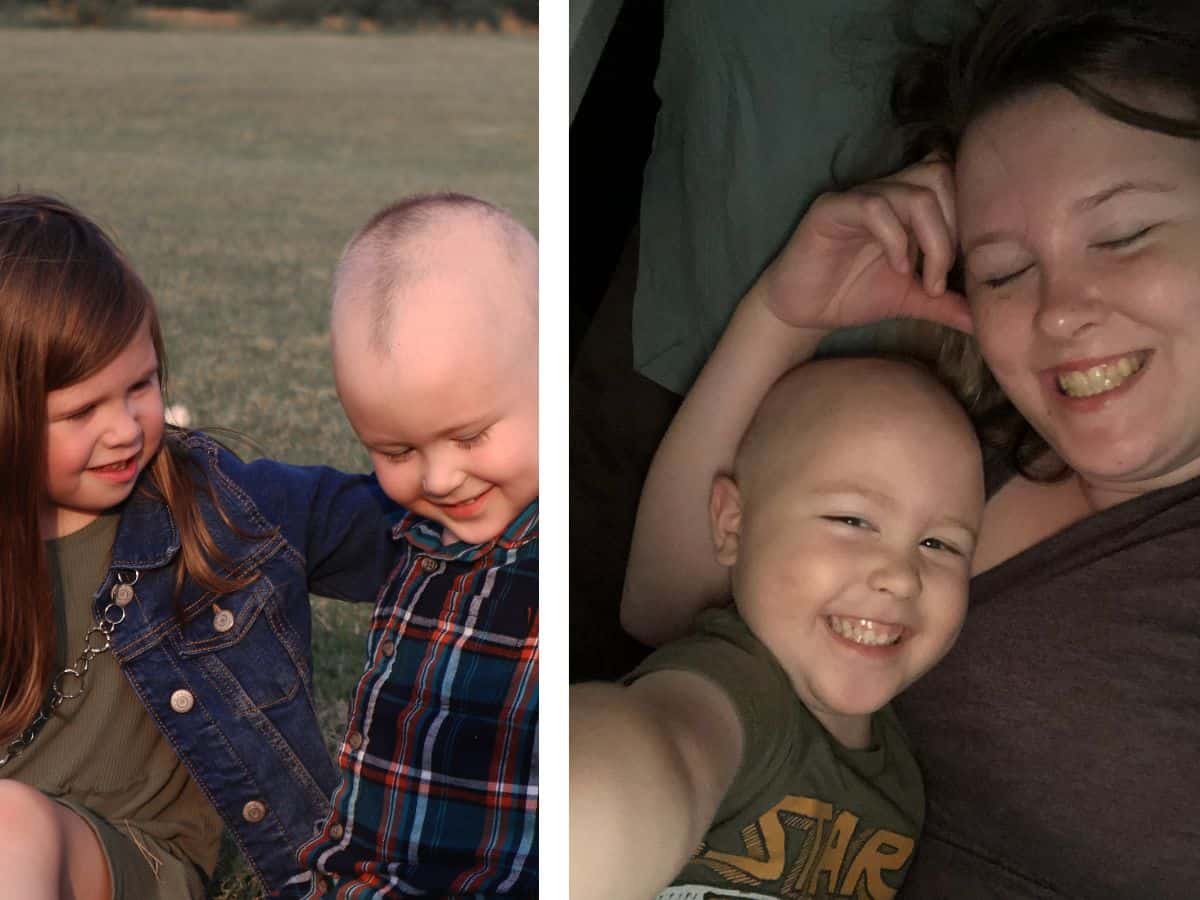 collage image of a boy with his mom and sister