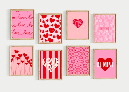 a collage wall of eight framed valentines day printables