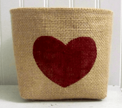 burlap basket with a red heart