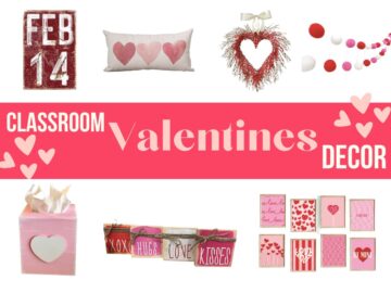 collage of Valentines wall art and decor items with text overlay that reads classroom valentines decor