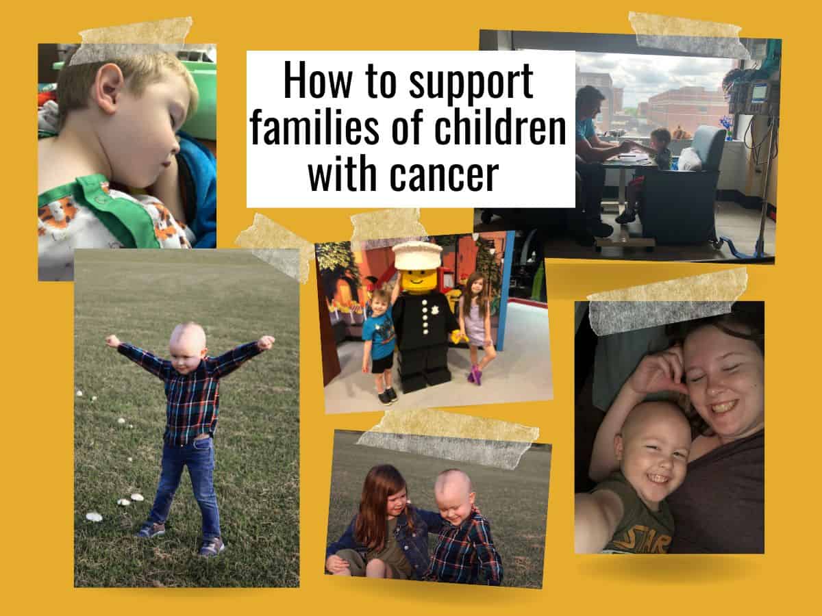 collage of six photos of a family with text overlay that reads how to support families of children with cancer