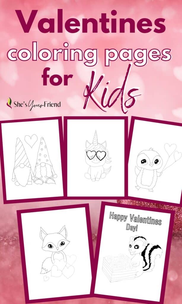 five coloring pages with text overlay that reads valentines coloring pages for kids