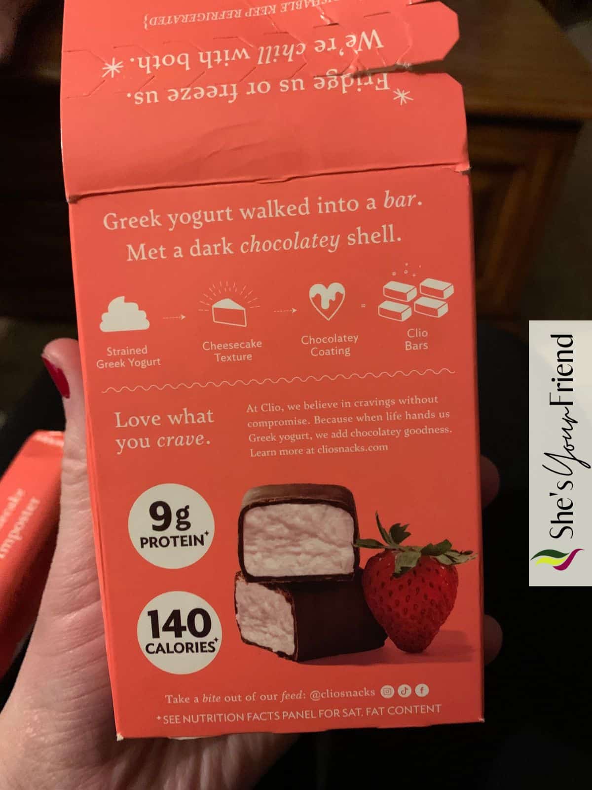 back side of a box of clio yogurt bars