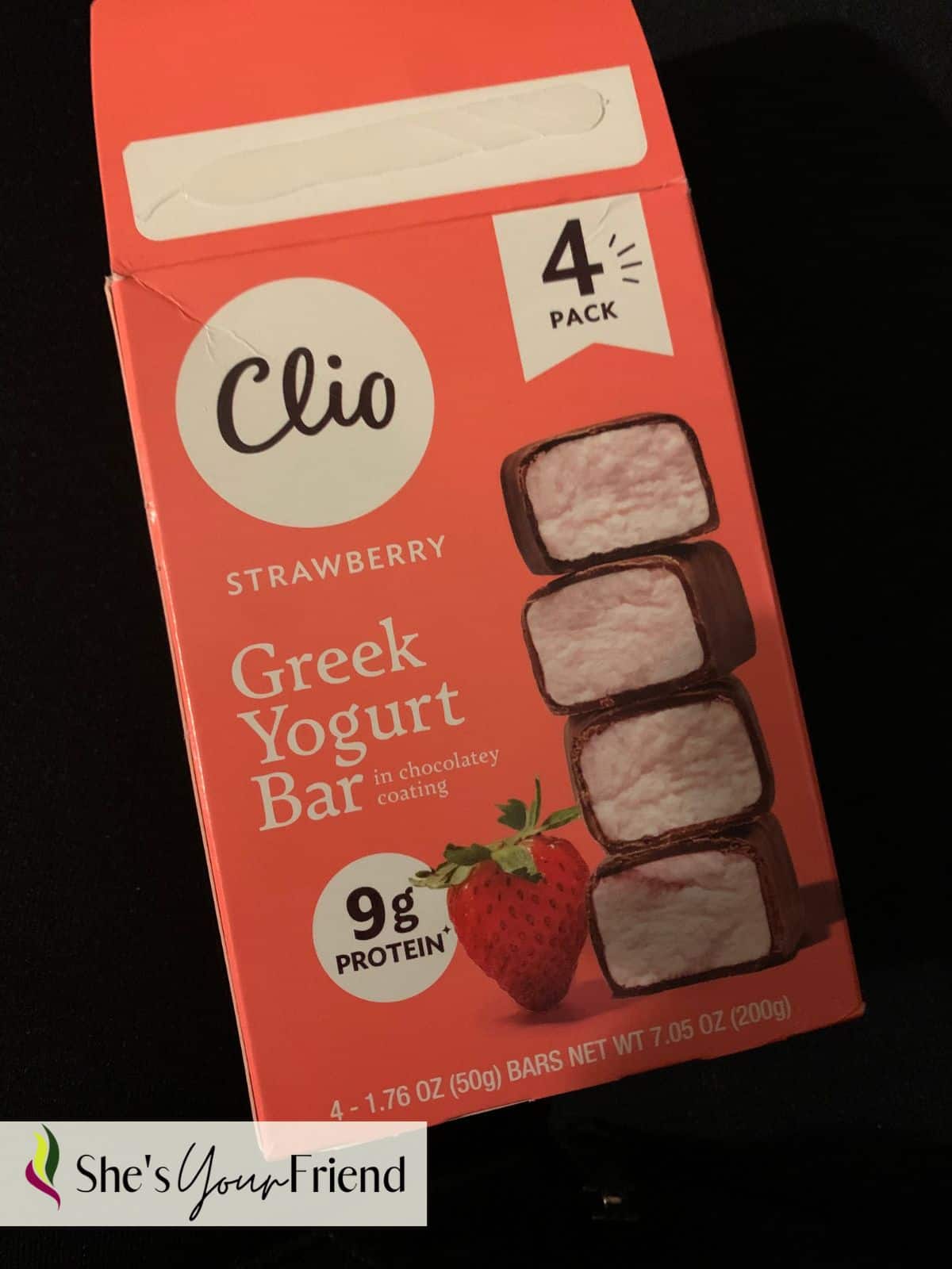 a box of Clio strawberry greek yogurt bars