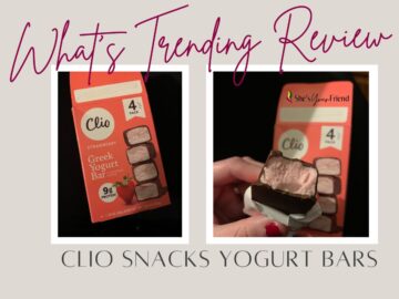 a collage showing clio yogurt bars with text overlay that reads whats trending review clio snacks yogurt bars