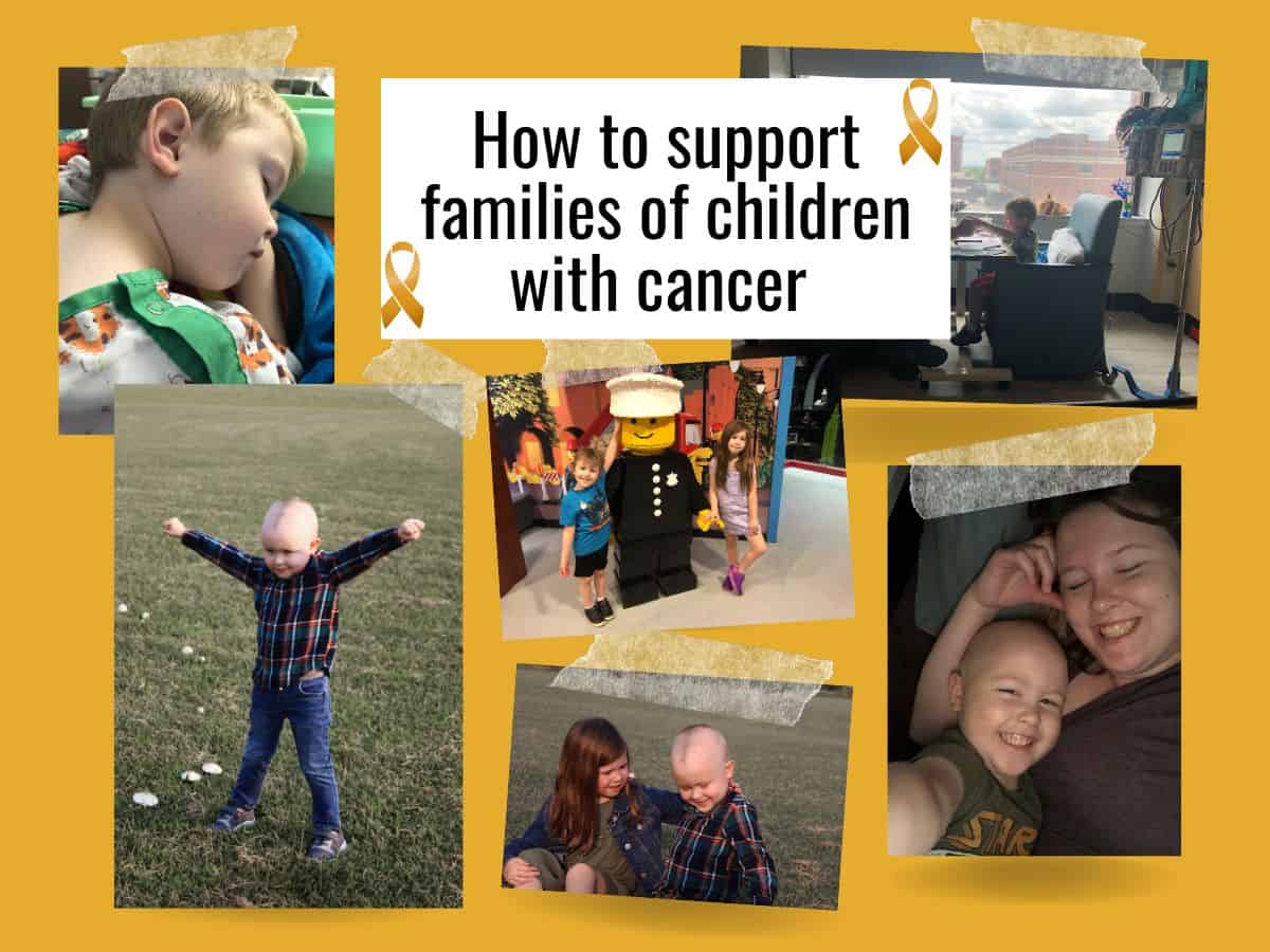 collage of six photos of a family with text overlay that reads how to support families of children with cancer