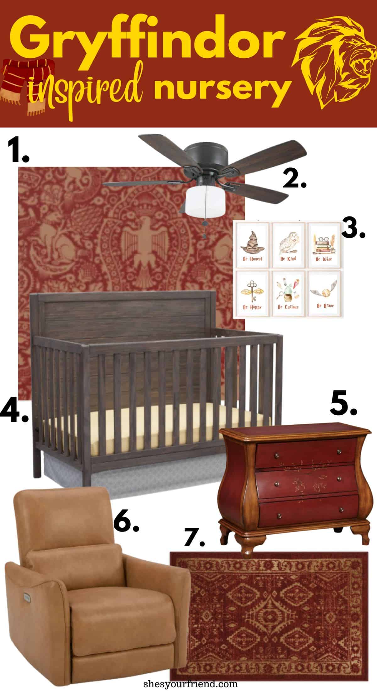 baby nursery collage of wallpaper ceiling fan wall art crib dresser rocker and area rug with text overlay that reads Gryffindor inspired nursery