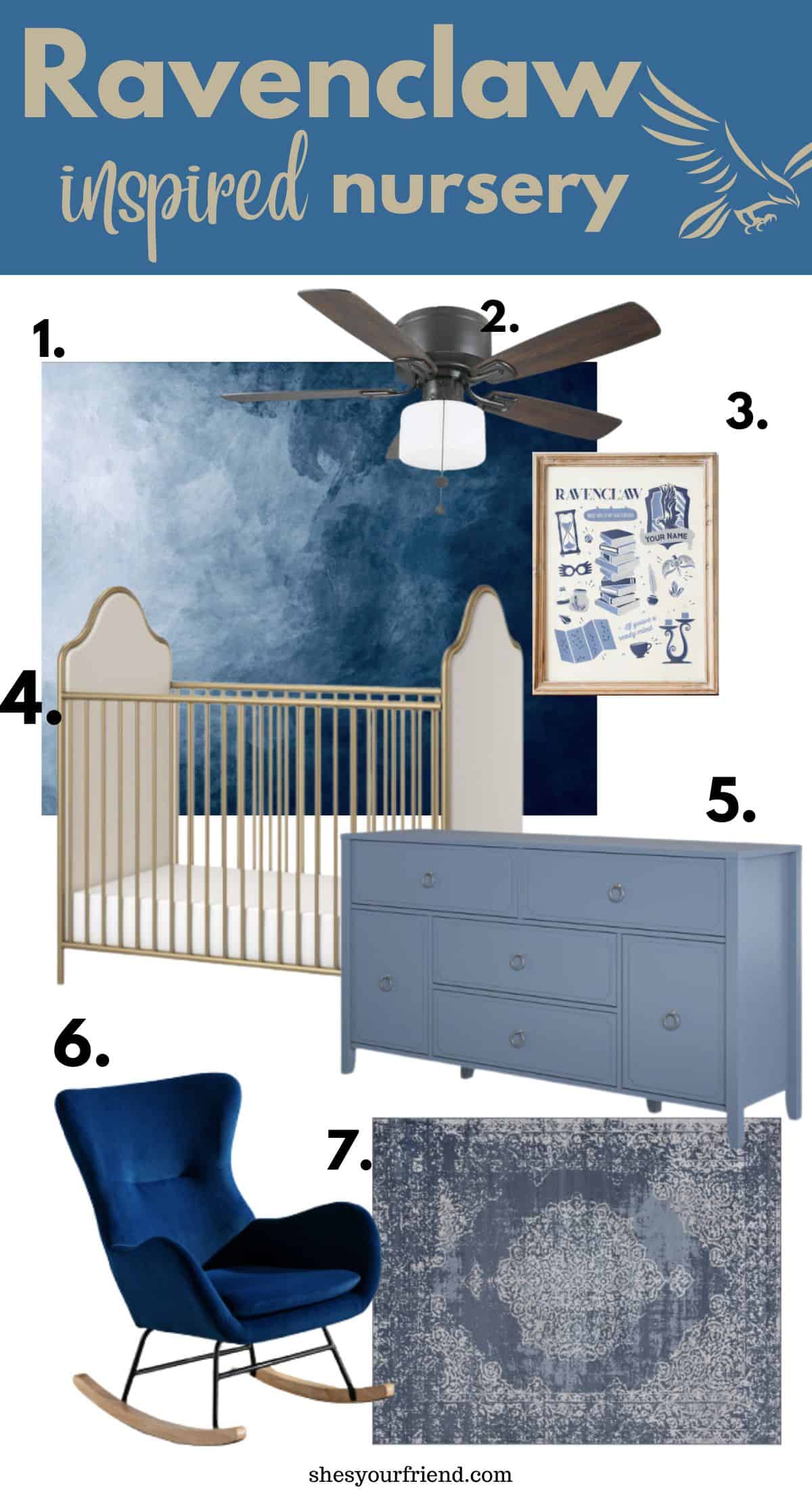 baby nursery collage of wallpaper ceiling fan wall art crib dresser rocker and area rug with text overlay that reads Ravenclaw inspired nursery